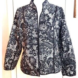 CHICOS  2 Long Sleeve Quilted Open Jacket Black White Floral Mandarin Collar